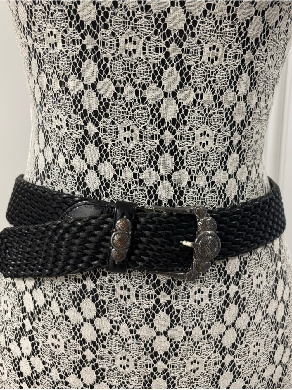 Vintage Black Woven Rope & Mock-Croc Belt - Ornate Silver Etched Buckle Size 30